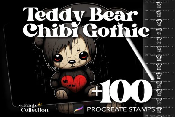 100 Procreate Teddy Bear Chibi Gothic Stamps
